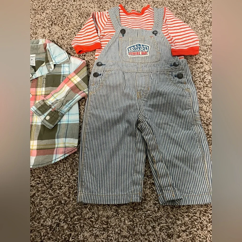 OshKosh B'gosh Blue & White Striped Overalls and 2 Shirts 1 plaid lg sleeves 9 M